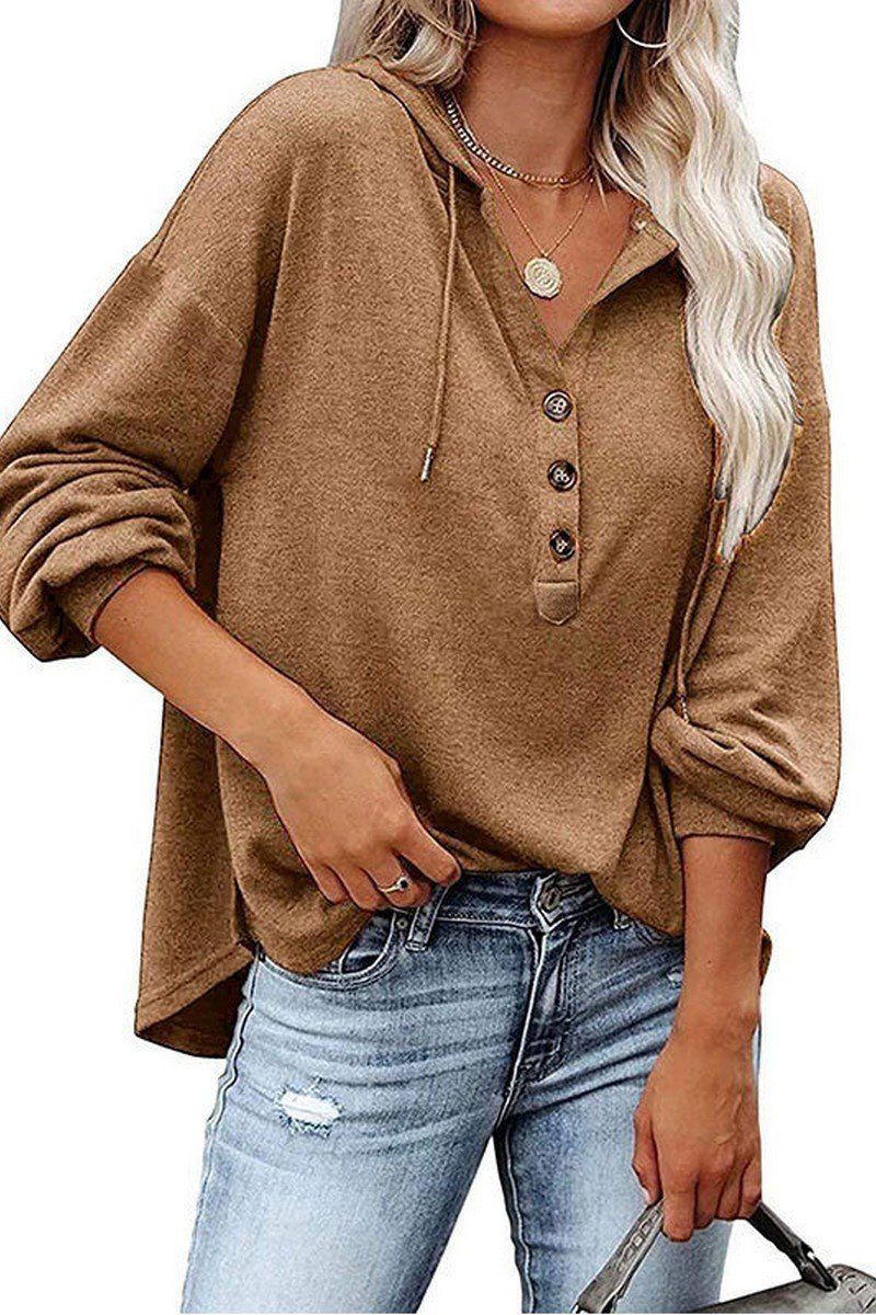 WOMEN BUTTON NECK OVERSIZED HOODIE PULLOVER