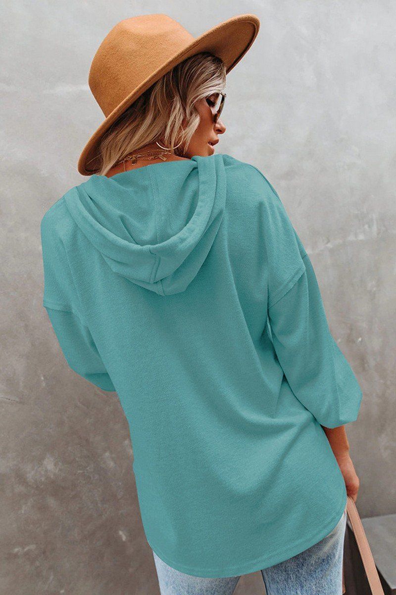 WOMEN BUTTON NECK OVERSIZED HOODIE PULLOVER