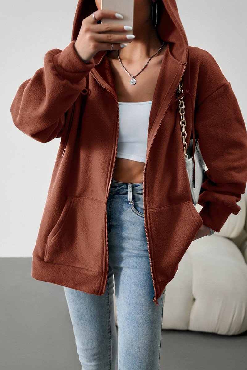 WOMEN OVERSIZED LOOSE FIT ZIP UP HOODIE JACKET