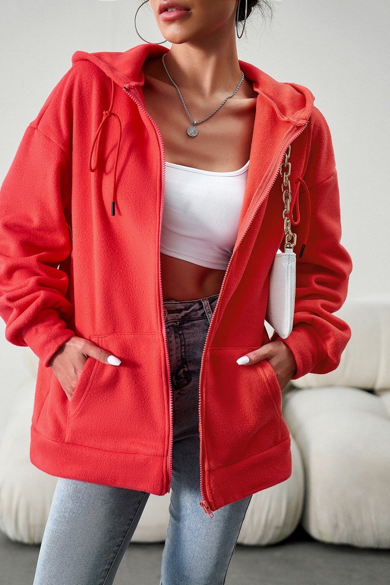 WOMEN OVERSIZED LOOSE FIT ZIP UP HOODIE JACKET