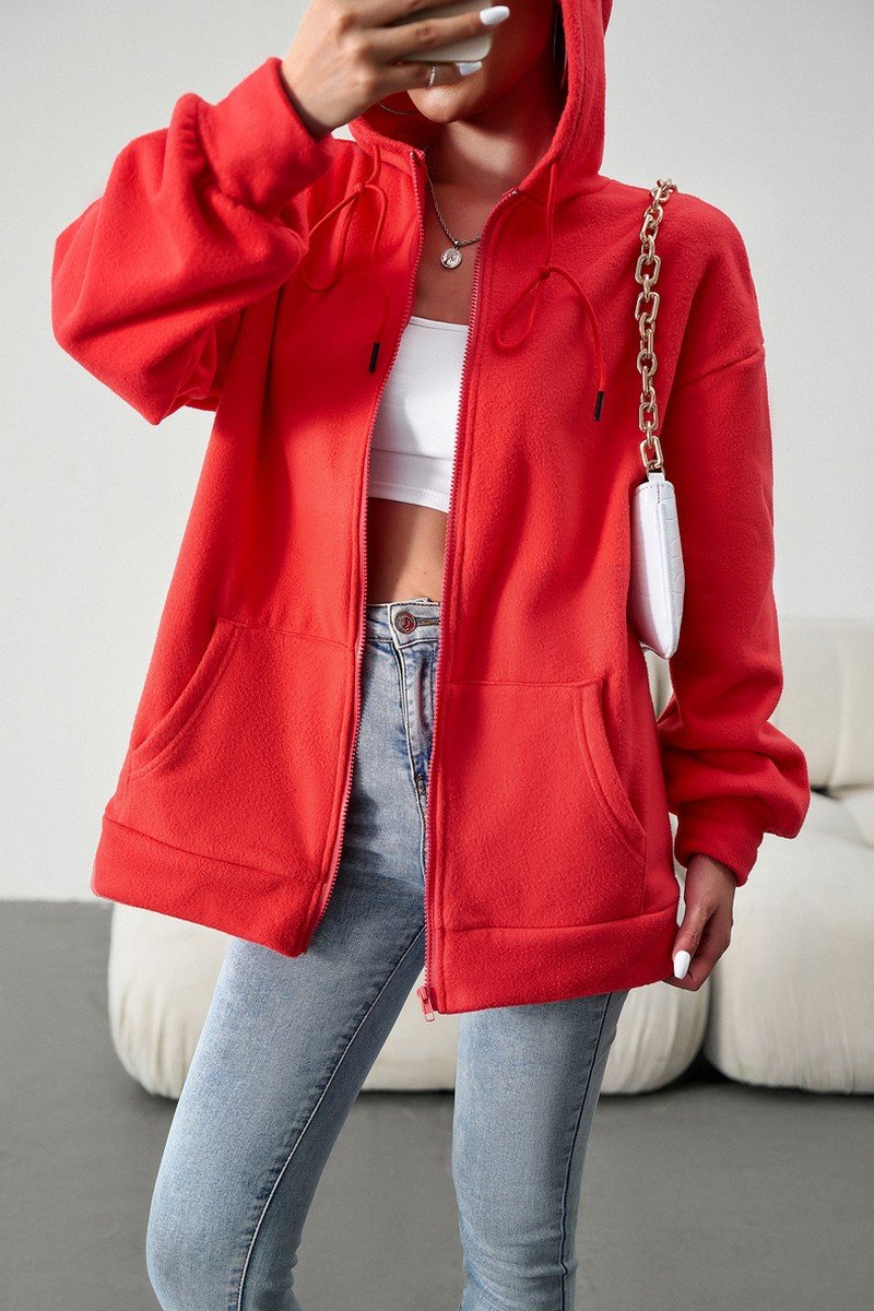 WOMEN OVERSIZED LOOSE FIT ZIP UP HOODIE JACKET