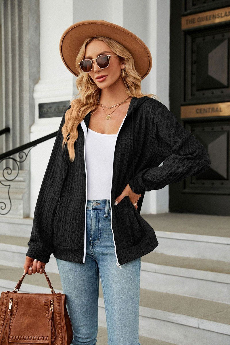 WOMEN LONG SLEEVE DRAWSTRING HOODED ZIP UP JACKET