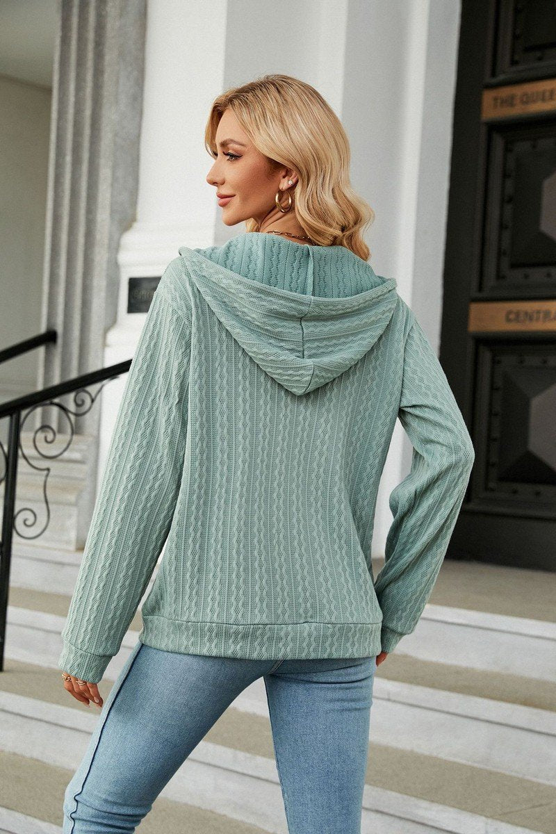 WOMEN LONG SLEEVE DRAWSTRING HOODED ZIP UP JACKET