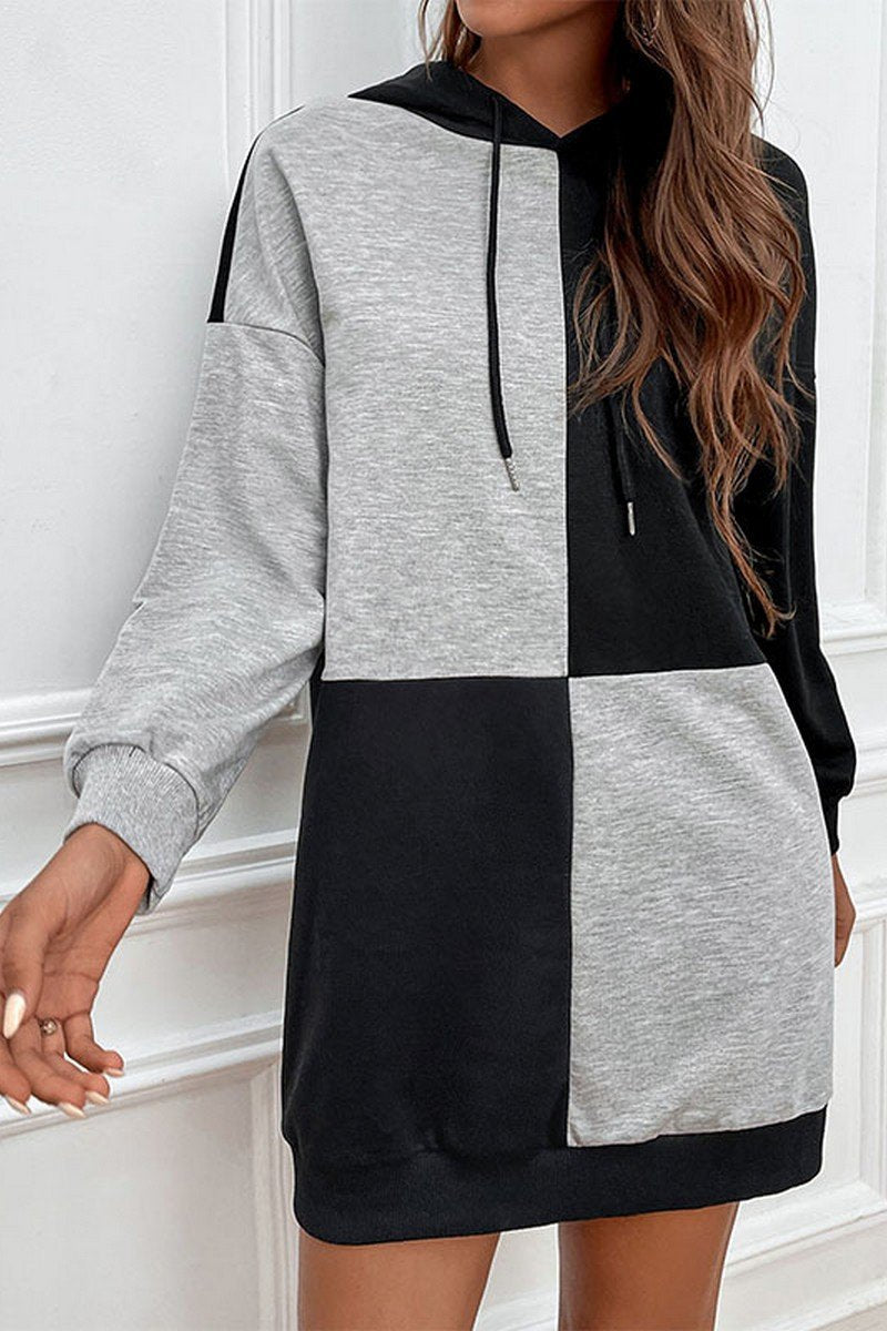 WOMEN SQUARE COLOR BLOCK HOODED MINI DRESS