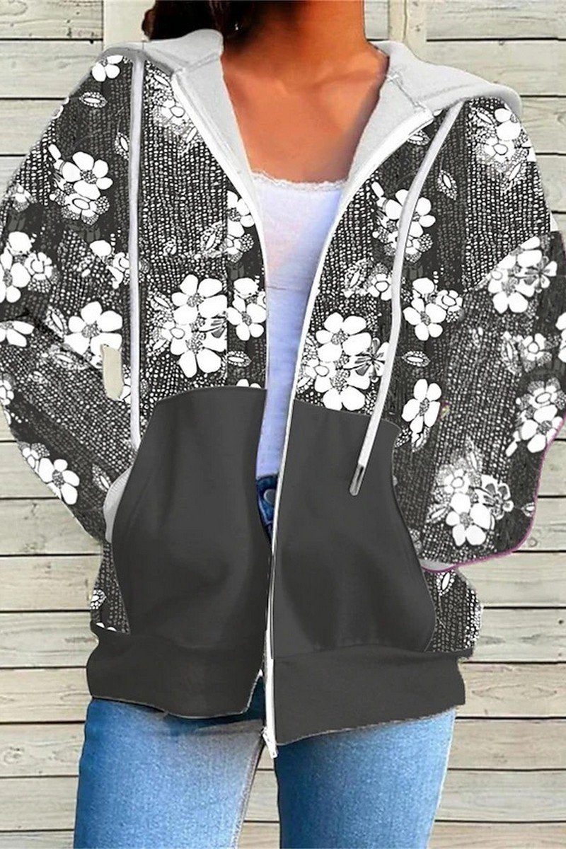 WOMEN FLORAL PRINTING DRAWSTRING ZIP UP HOODIE