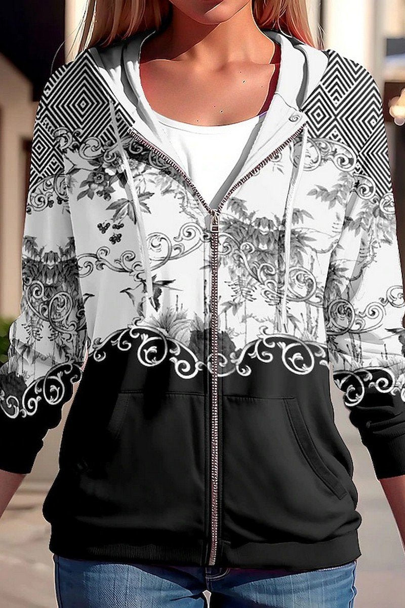 WOMEN FLORAL PRINTING ZIP UP HOODIE