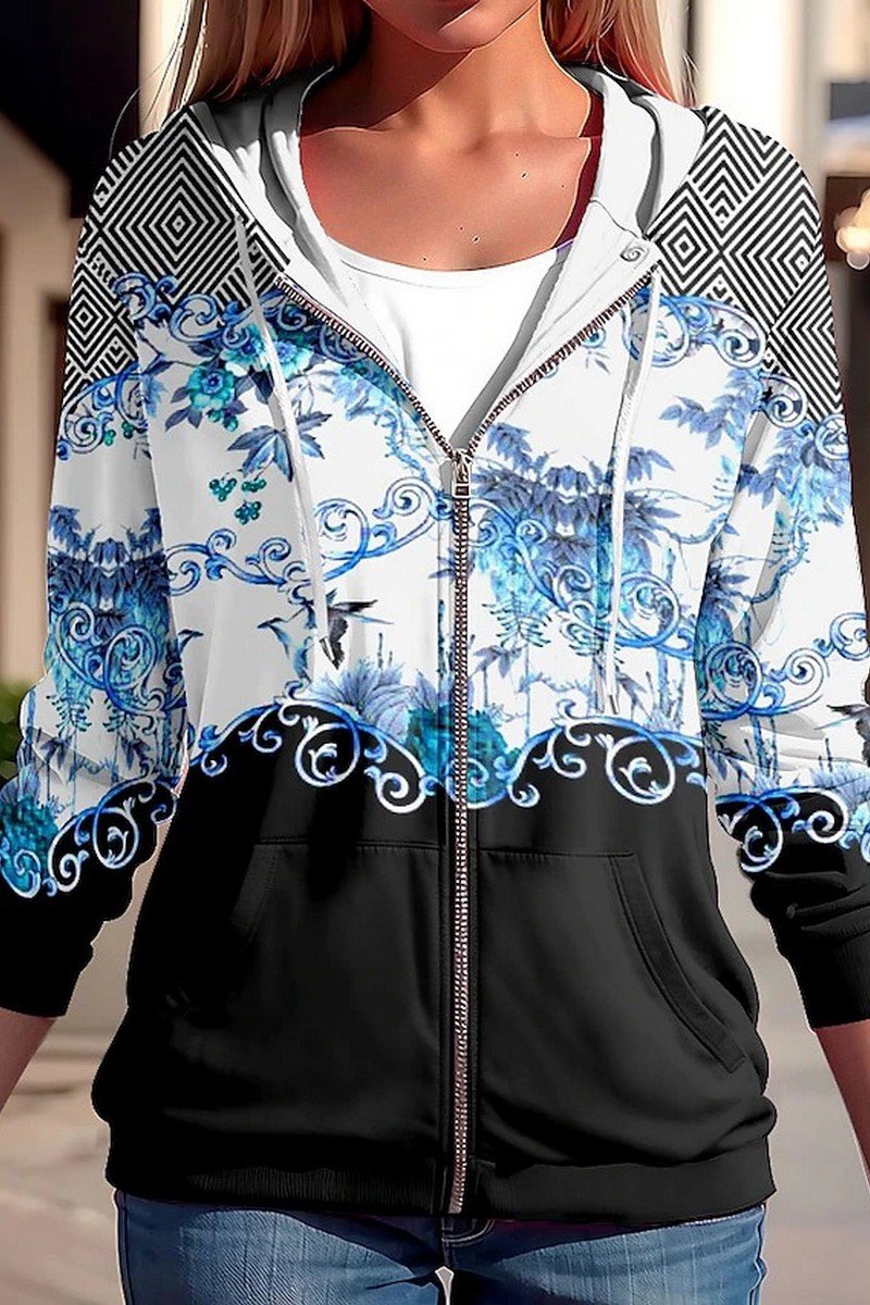 WOMEN FLORAL PRINTING ZIP UP HOODIE