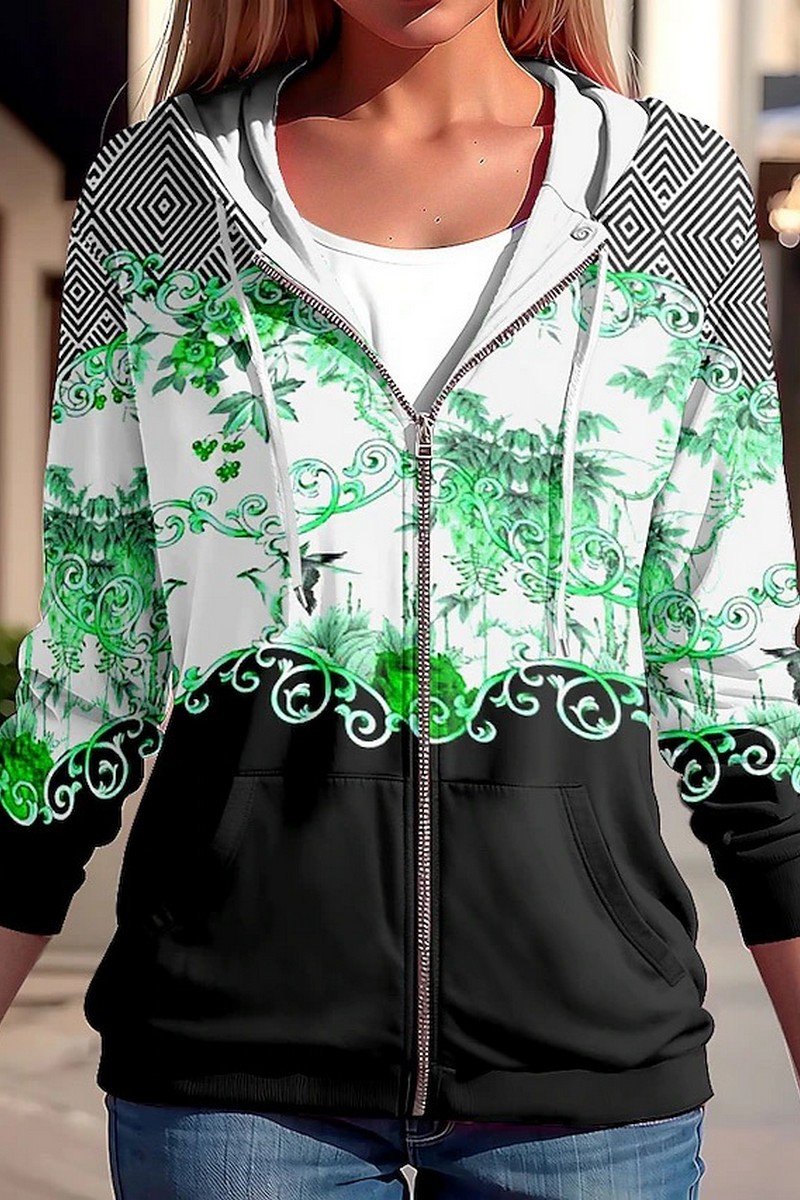 WOMEN FLORAL PRINTING ZIP UP HOODIE