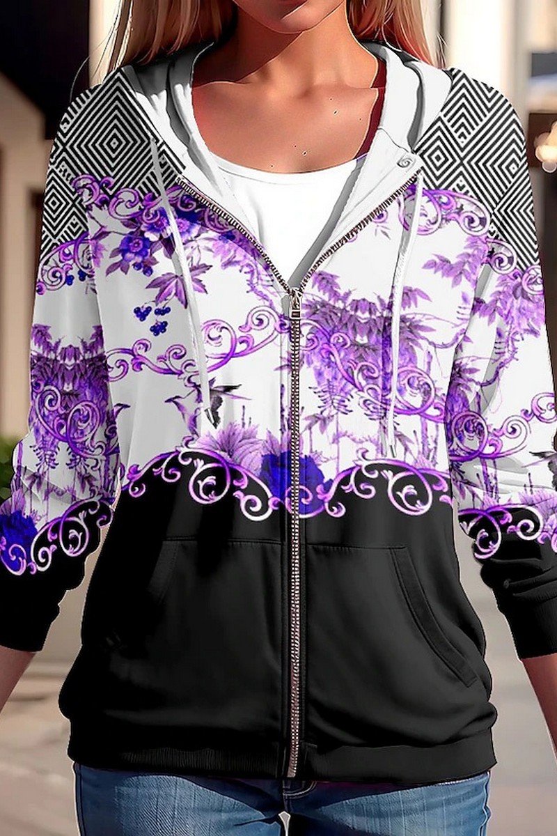 WOMEN FLORAL PRINTING ZIP UP HOODIE