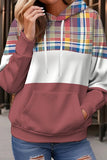 WOMEN PLAID COLOR BLOCK HOODIE PULLOVER T SHIRT