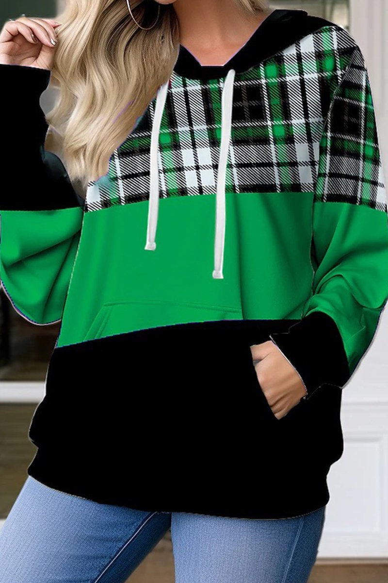 WOMEN PLAID COLOR BLOCKED FRONT POCKET HOODIE