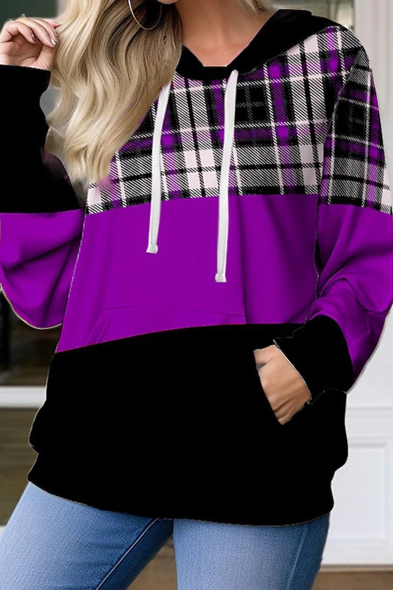 WOMEN PLAID COLOR BLOCKED FRONT POCKET HOODIE