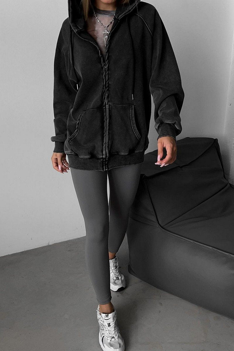 WOMEN OVERSIZED BLACK ZIP UP HOODED JACKET