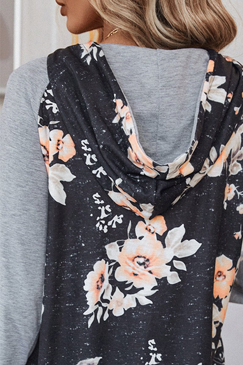 WOMEN LONG SLEEVE HOODED FLORAL PRINT PULLOVER