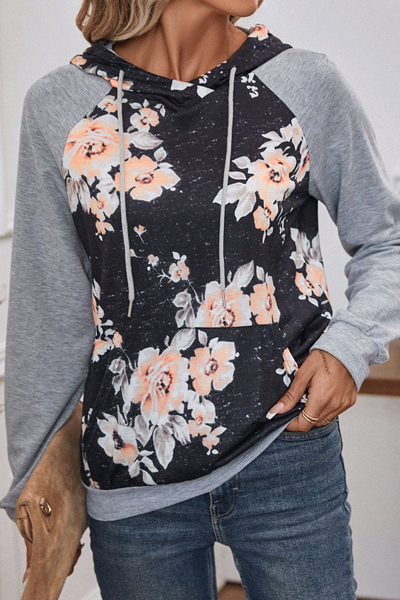 WOMEN LONG SLEEVE HOODED FLORAL PRINT PULLOVER