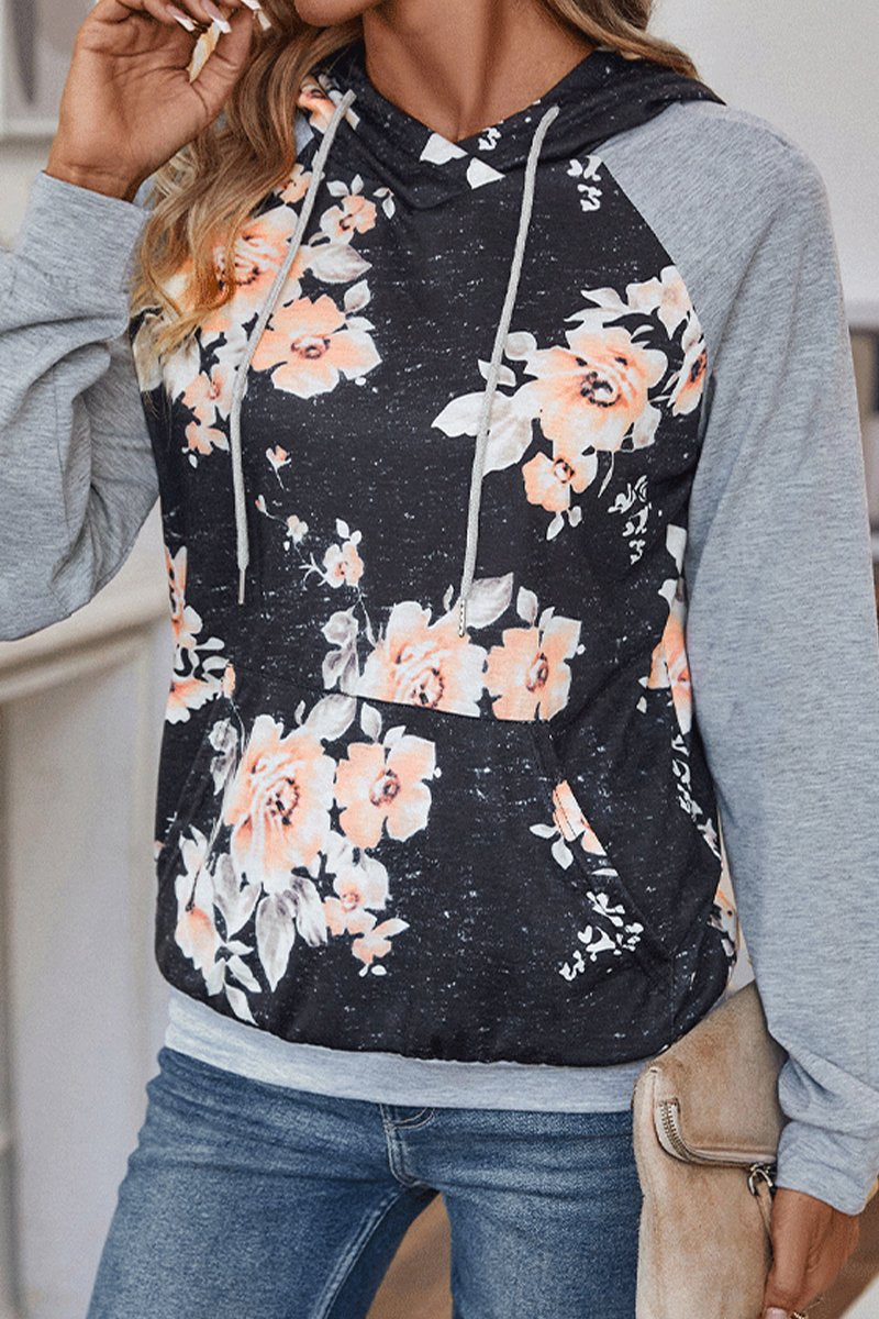 WOMEN LONG SLEEVE HOODED FLORAL PRINT PULLOVER