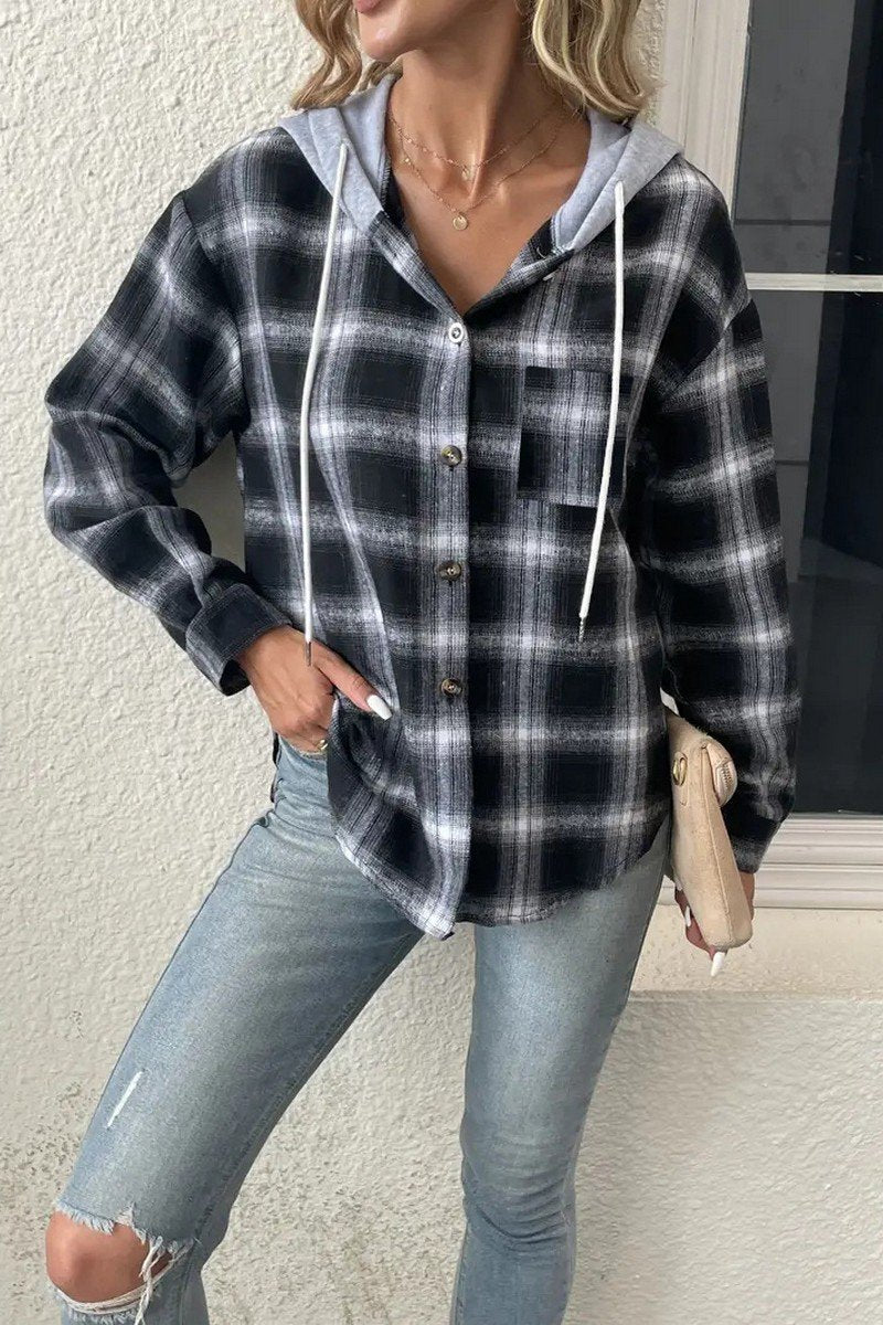 WOMEN LONG SLEEVE PLAID BUTTON DOWN HOODIE