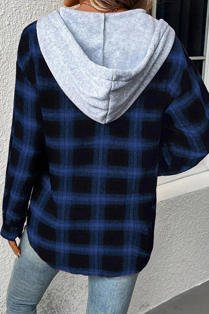 WOMEN LONG SLEEVE PLAID BUTTON DOWN HOODIE