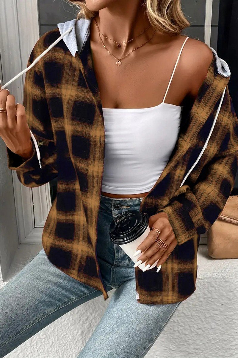 WOMEN LONG SLEEVE PLAID BUTTON DOWN HOODIE