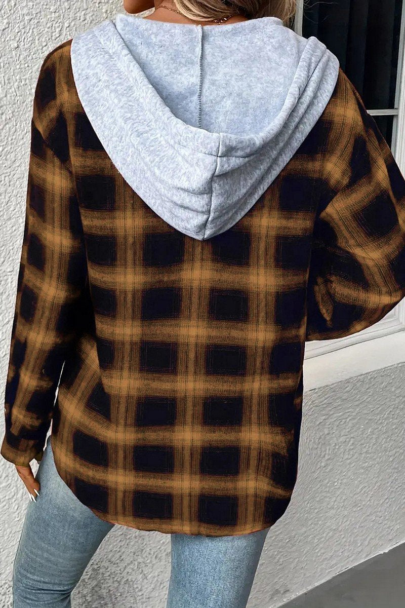 WOMEN LONG SLEEVE PLAID BUTTON DOWN HOODIE