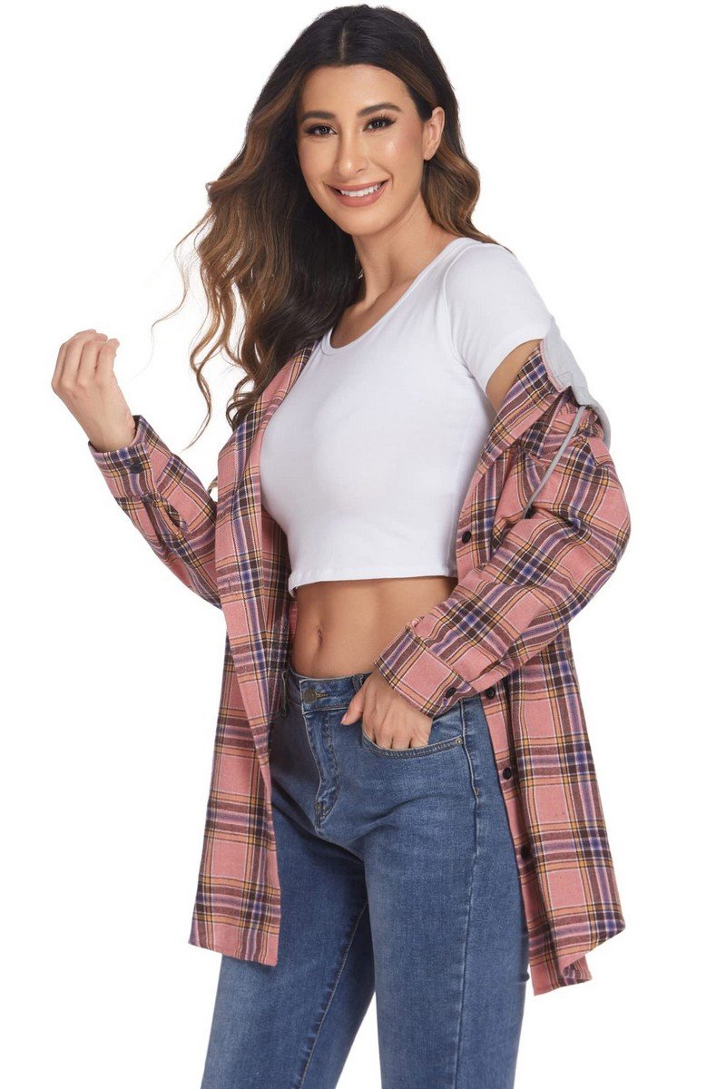 WOMEN LONG SLEEVE PLAID BUTTON DOWN HOODIE