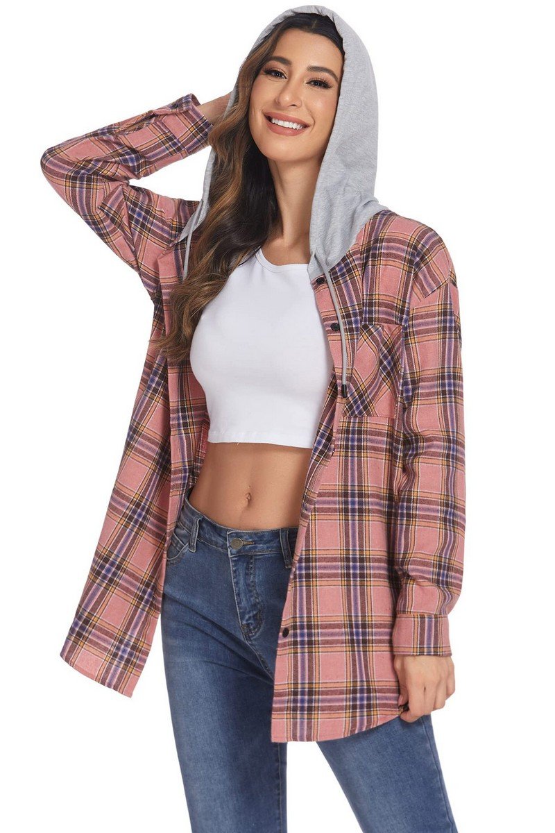 WOMEN LONG SLEEVE PLAID BUTTON DOWN HOODIE