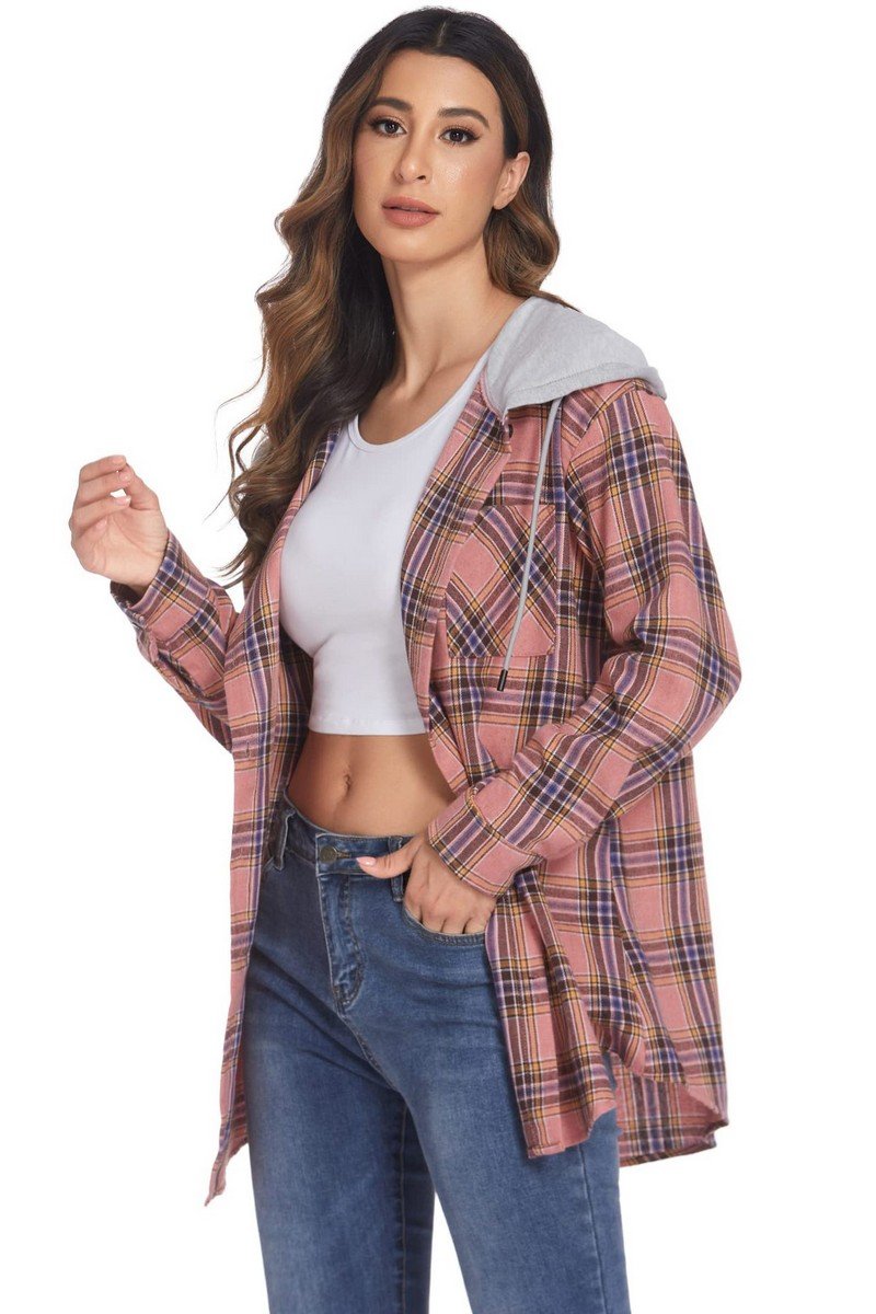 WOMEN LONG SLEEVE PLAID BUTTON DOWN HOODIE