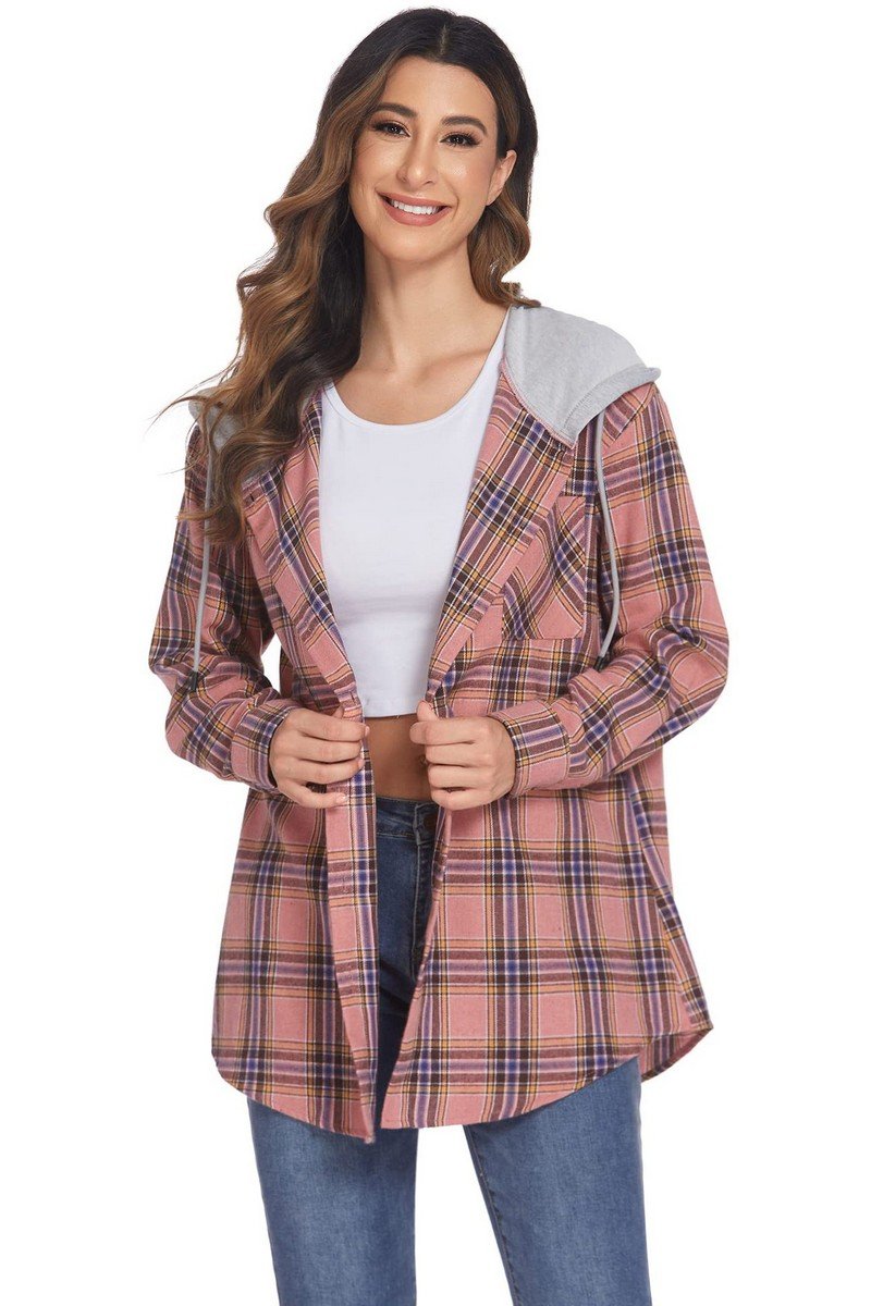 WOMEN LONG SLEEVE PLAID BUTTON DOWN HOODIE