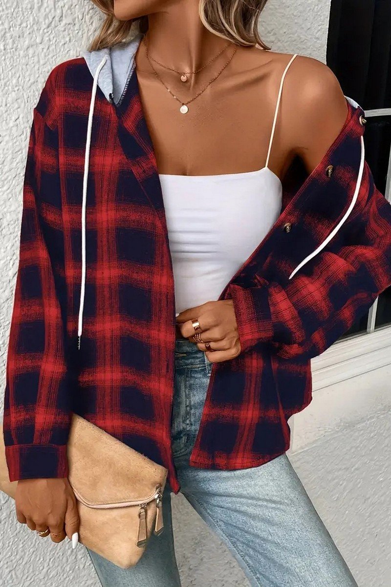 WOMEN LONG SLEEVE PLAID BUTTON DOWN HOODIE