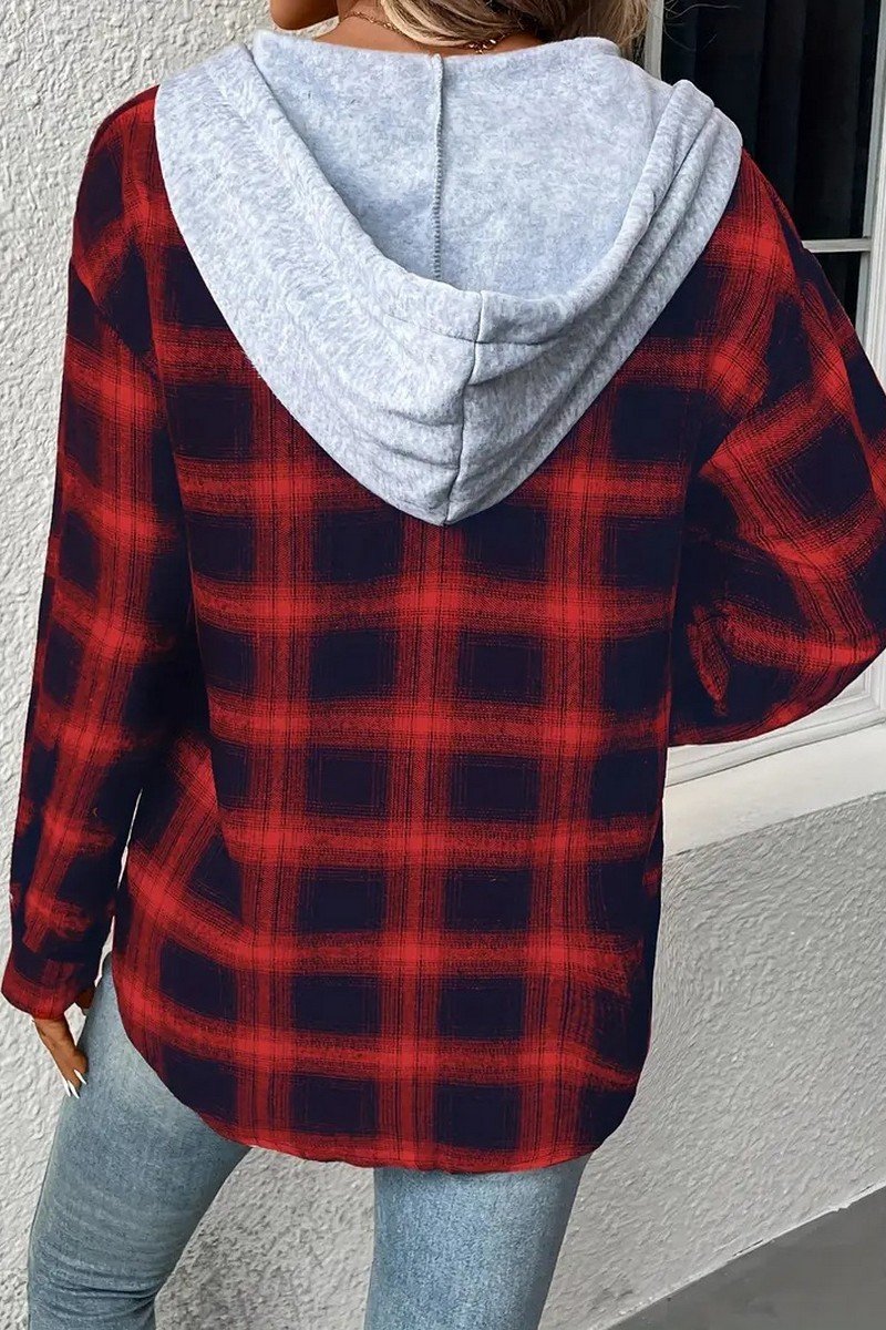 WOMEN LONG SLEEVE PLAID BUTTON DOWN HOODIE