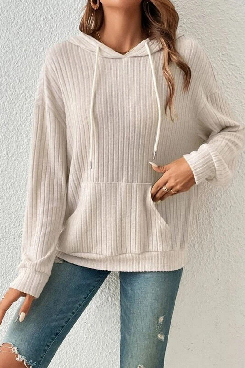 WOMEN LONG SLEEVE RIB POCKET PULLOVER HOODIE