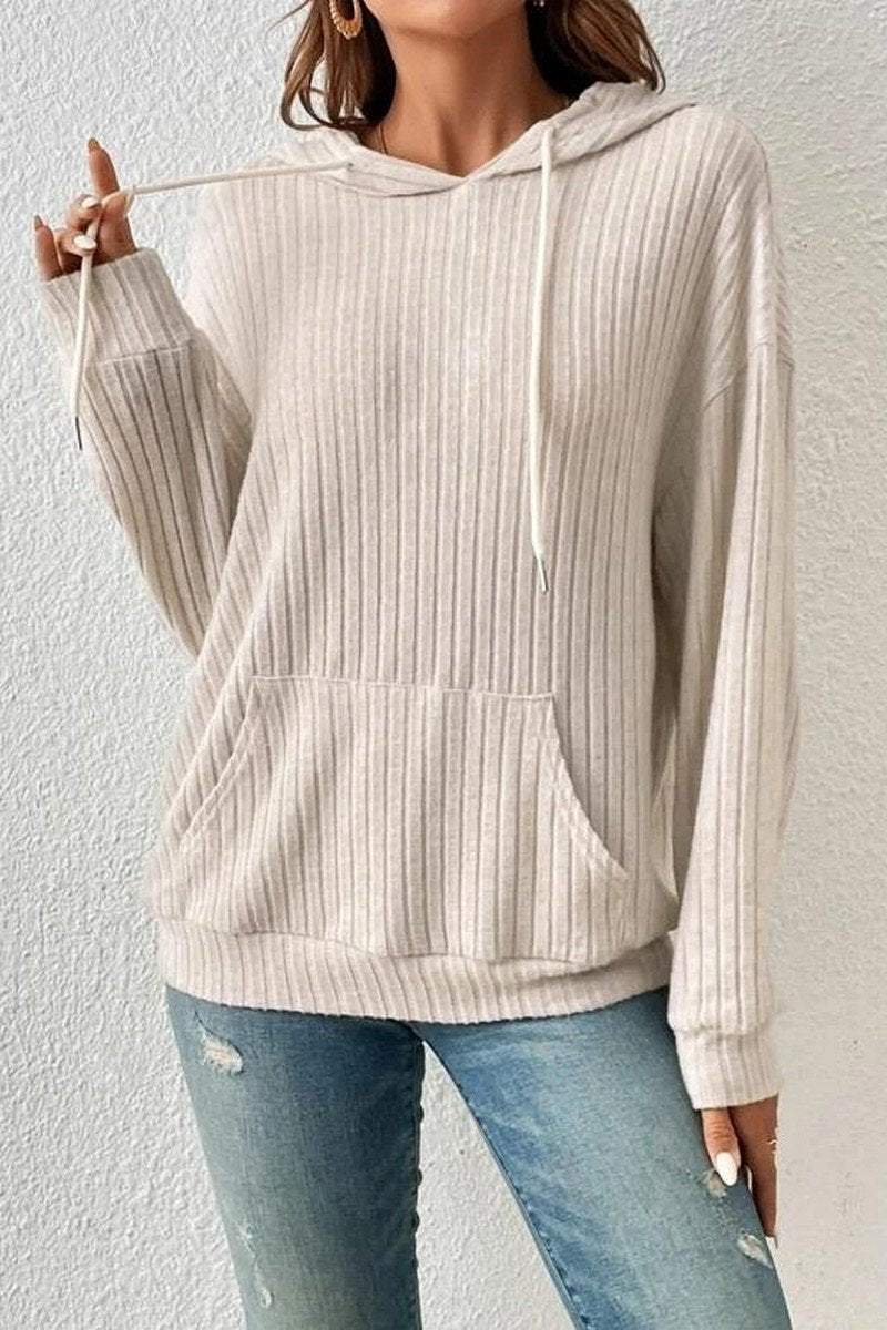 WOMEN LONG SLEEVE RIB POCKET PULLOVER HOODIE