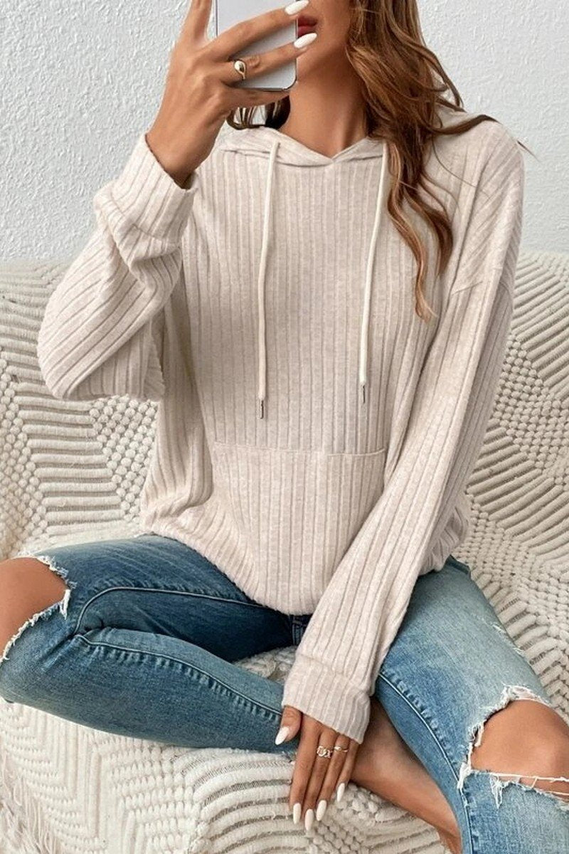 WOMEN LONG SLEEVE RIB POCKET PULLOVER HOODIE