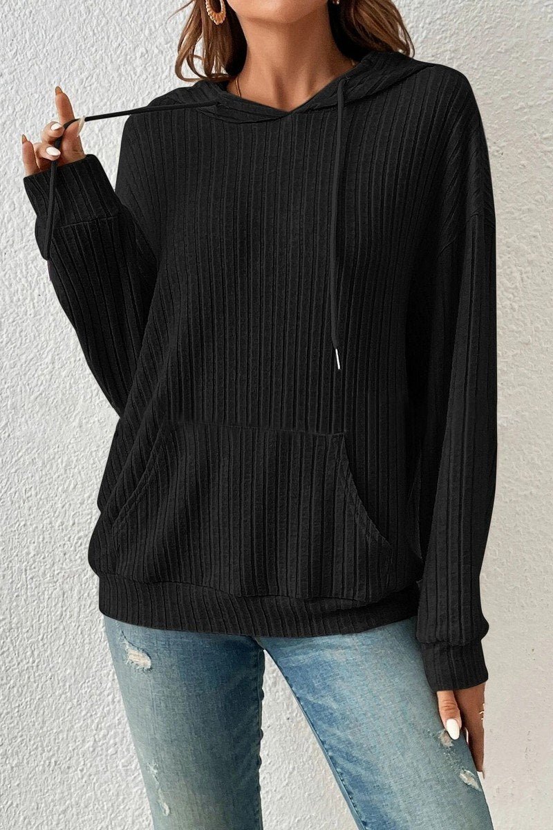 WOMEN LONG SLEEVE RIB POCKET PULLOVER HOODIE