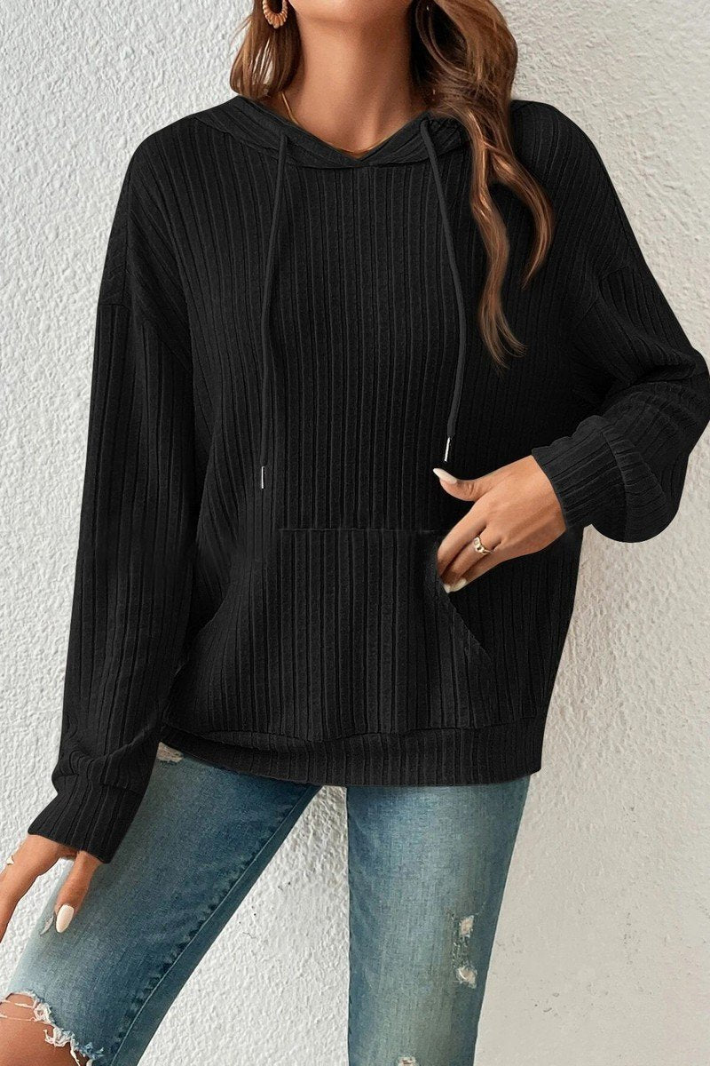 WOMEN LONG SLEEVE RIB POCKET PULLOVER HOODIE