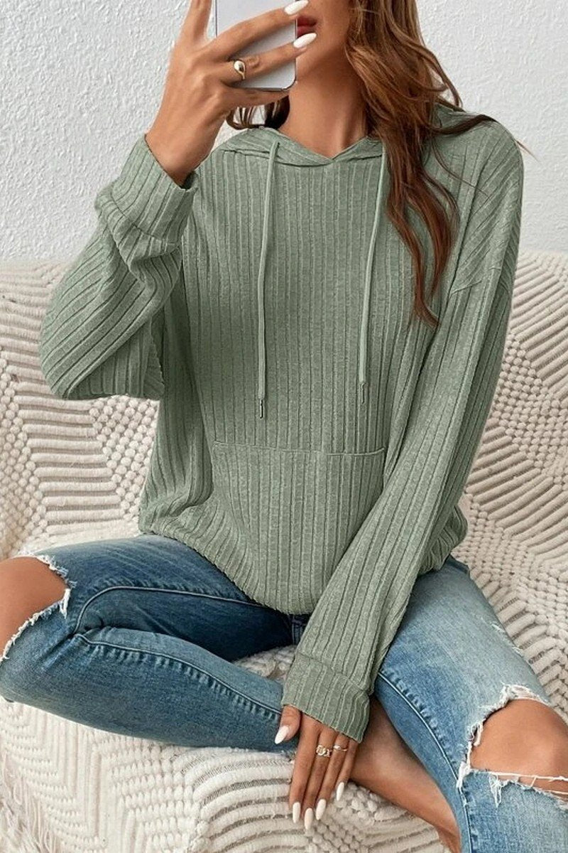 WOMEN LONG SLEEVE RIB POCKET PULLOVER HOODIE