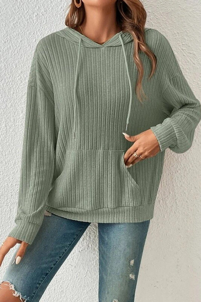 WOMEN LONG SLEEVE RIB POCKET PULLOVER HOODIE