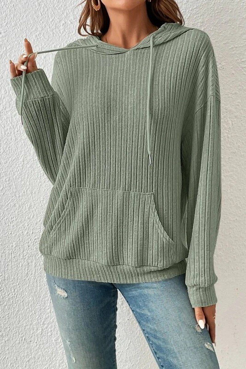 WOMEN LONG SLEEVE RIB POCKET PULLOVER HOODIE