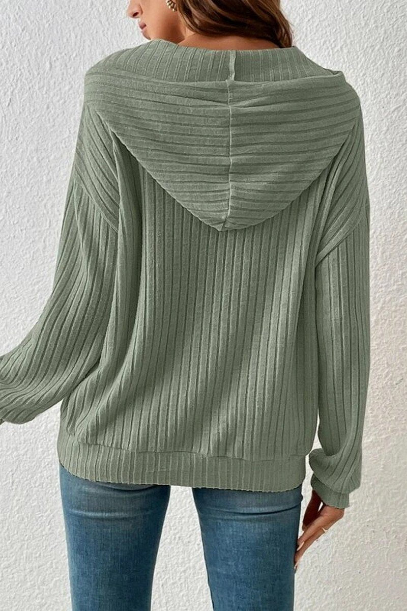 WOMEN LONG SLEEVE RIB POCKET PULLOVER HOODIE