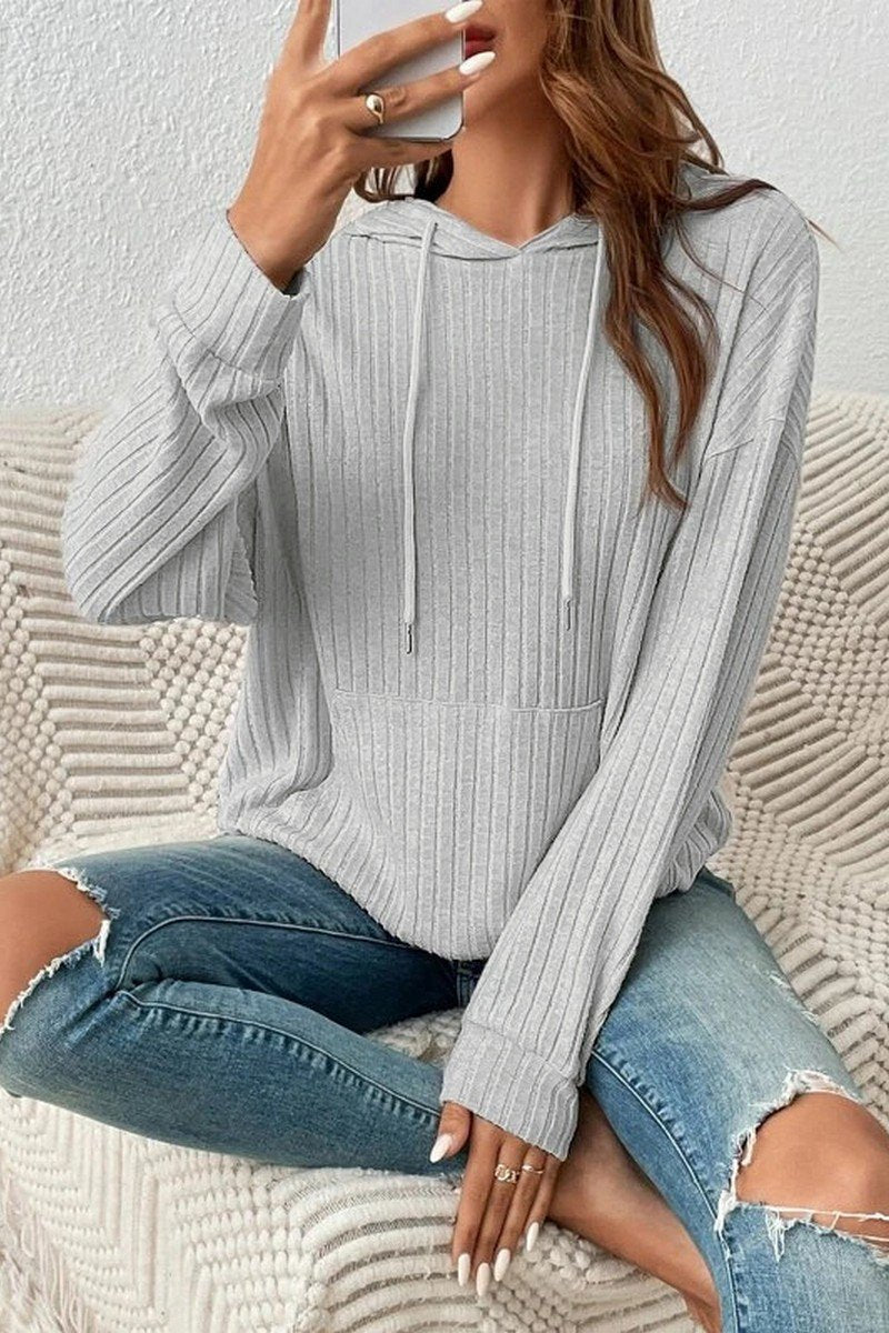 WOMEN LONG SLEEVE RIB POCKET PULLOVER HOODIE