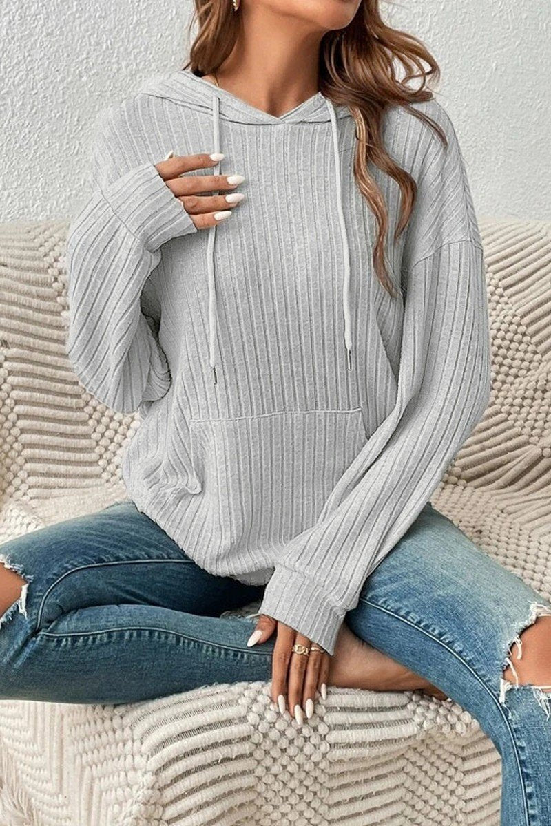 WOMEN LONG SLEEVE RIB POCKET PULLOVER HOODIE