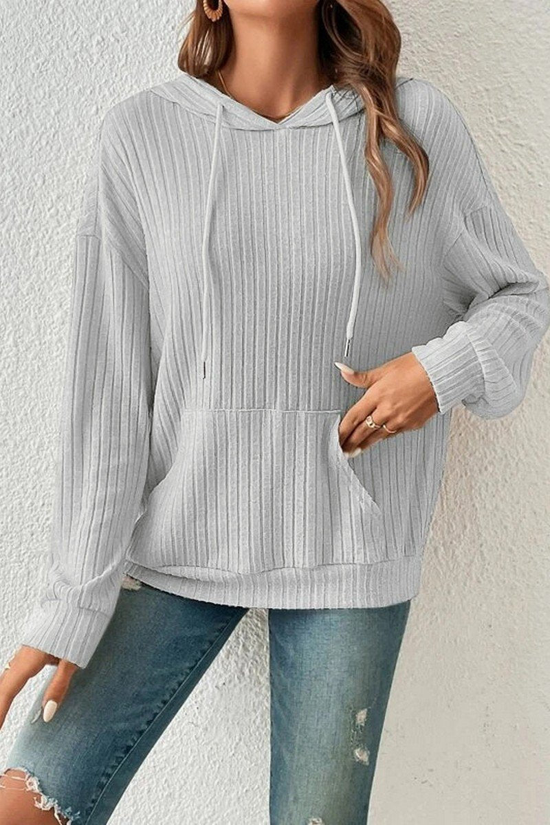 WOMEN LONG SLEEVE RIB POCKET PULLOVER HOODIE