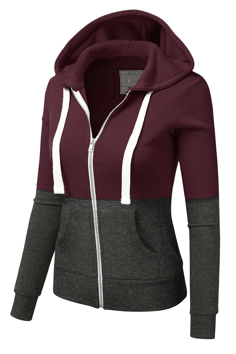 WOMENS LONG SLEEVE LIGHTWEIGHT 2 COLOR BLOCKED HOODIE JACKET WITH SIDE POCKETS