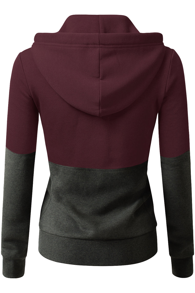 WOMENS LONG SLEEVE LIGHTWEIGHT 2 COLOR BLOCKED HOODIE JACKET WITH SIDE POCKETS