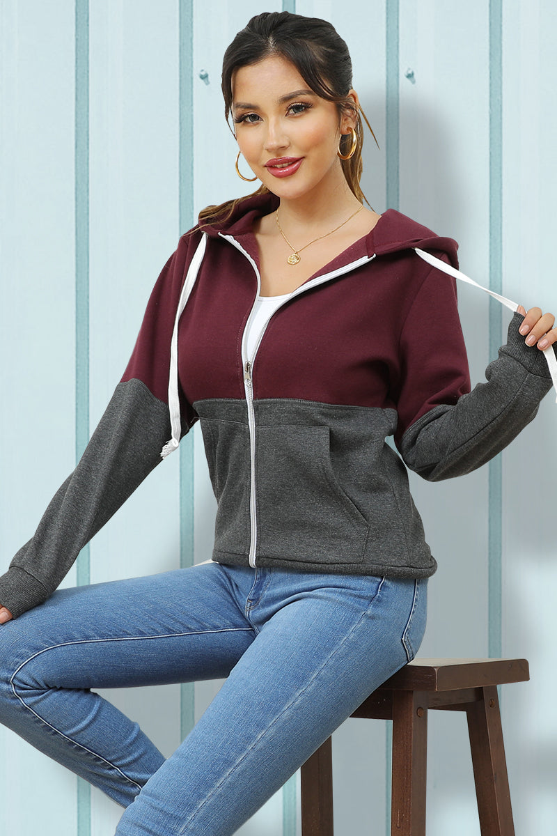 WOMENS LONG SLEEVE LIGHTWEIGHT 2 COLOR BLOCKED HOODIE JACKET WITH SIDE POCKETS