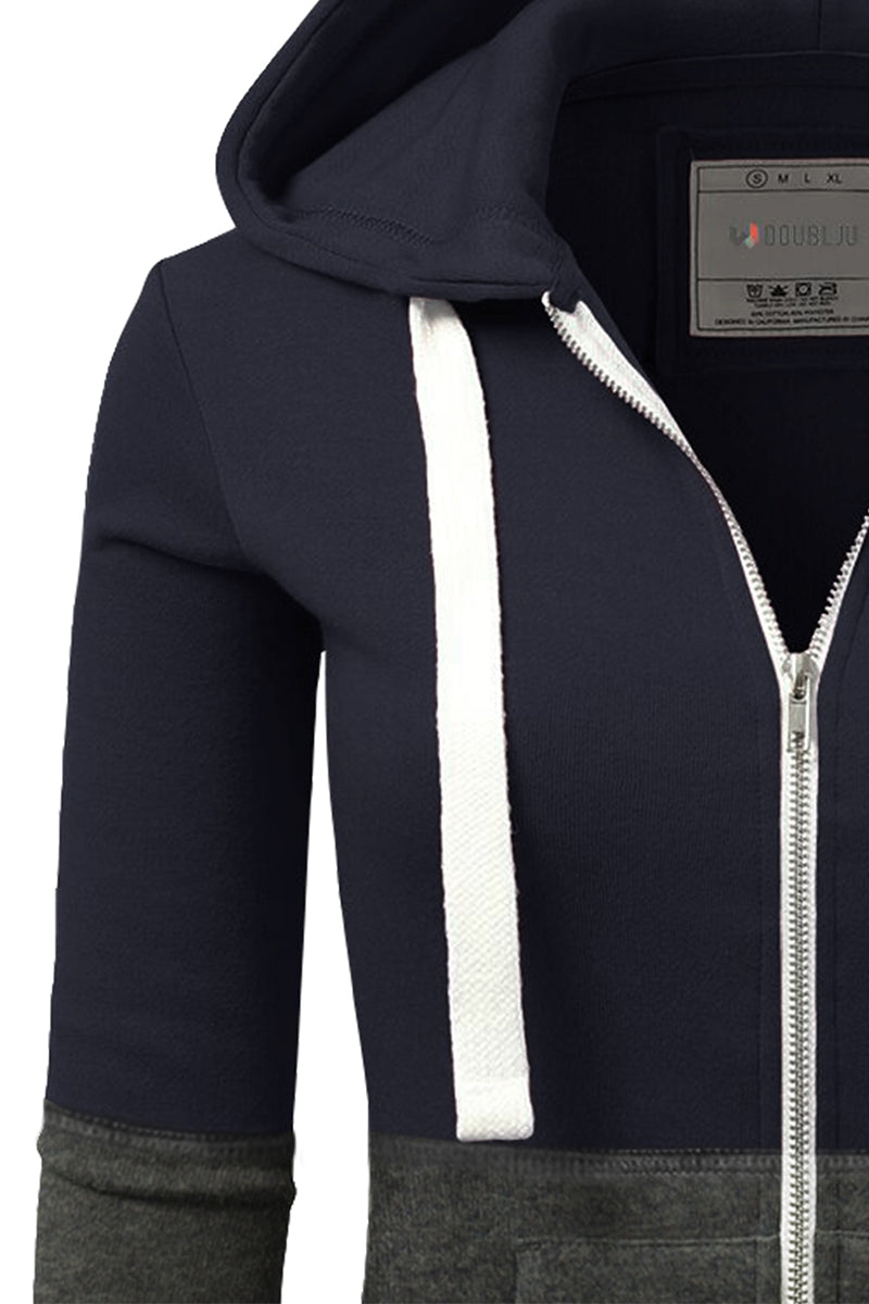 WOMENS LONG SLEEVE LIGHTWEIGHT 2 COLOR BLOCKED HOODIE JACKET WITH SIDE POCKETS