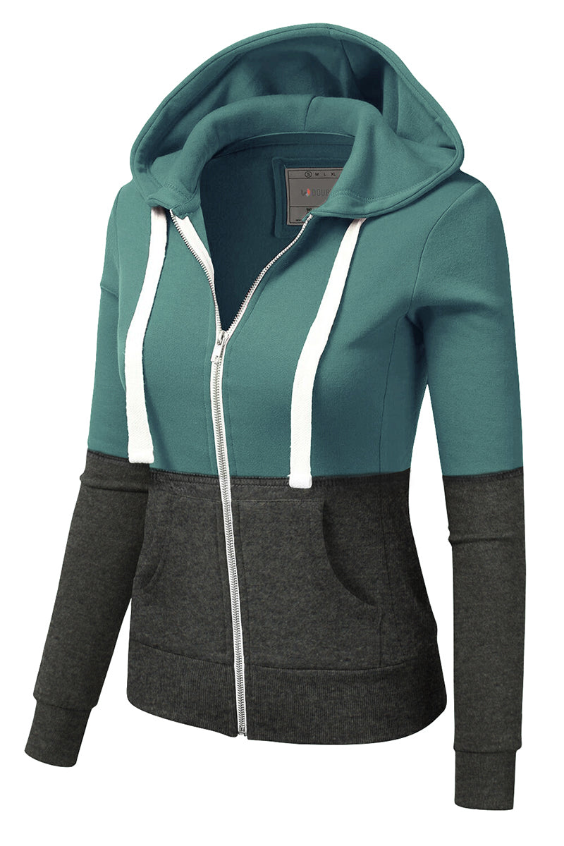 WOMENS LONG SLEEVE LIGHTWEIGHT 2 COLOR BLOCKED HOODIE JACKET WITH SIDE POCKETS