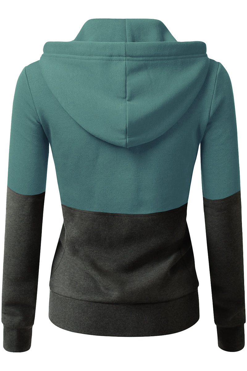 WOMENS LONG SLEEVE LIGHTWEIGHT 2 COLOR BLOCKED HOODIE JACKET WITH SIDE POCKETS