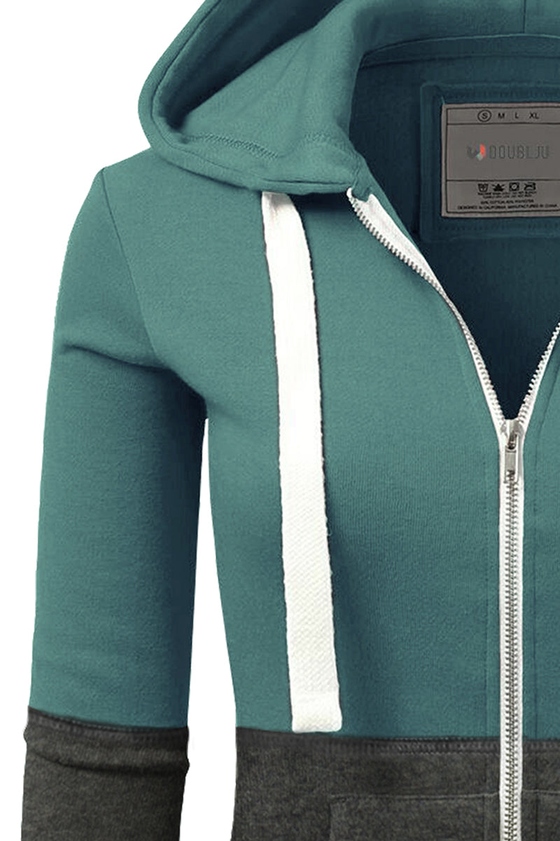 WOMENS LONG SLEEVE LIGHTWEIGHT 2 COLOR BLOCKED HOODIE JACKET WITH SIDE POCKETS