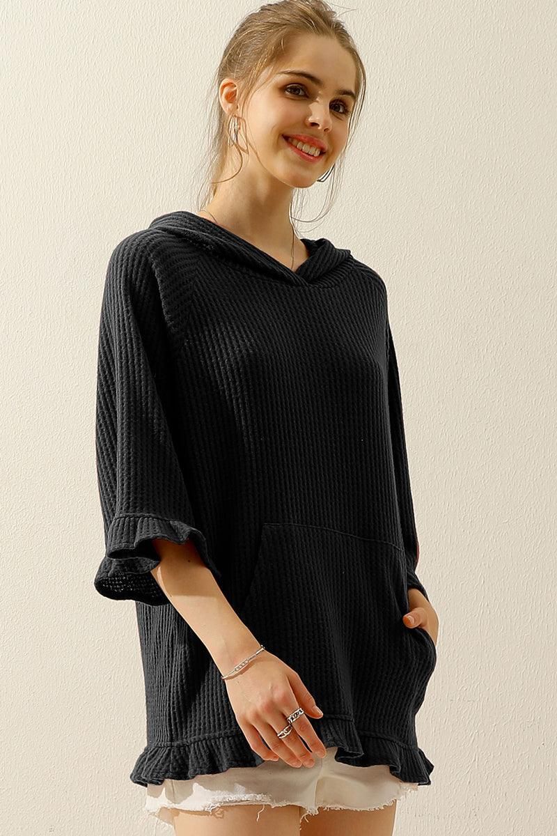 HOODED 3/4 RUFFLED SLEEVE KNIT SWEATER WITH POCKET - Doublju